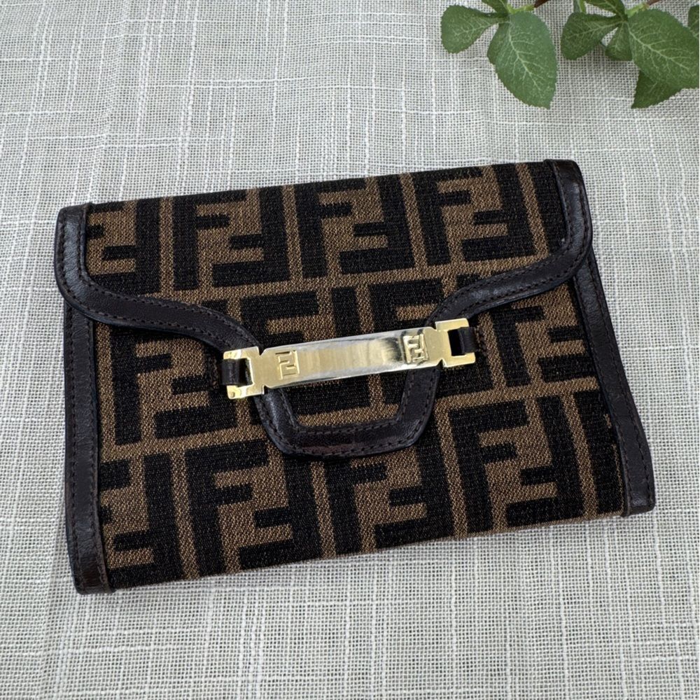 Fendi Zucca Canvas Wallet Brown FF Monogram Gold Hardware Designer Clutch